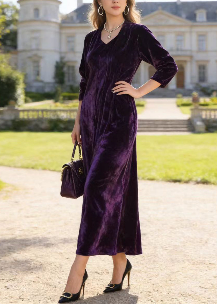 Velvet V-Neck Three Quarter Sleeve Relaxed A-Line Maxi Dress - View 5