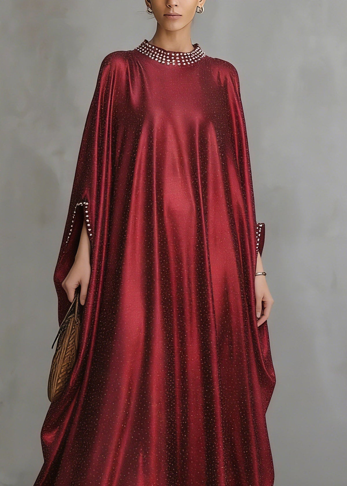 Satin Pearl Trim Cape Sleeve Glitter Kaftan Maxi Gown - View 2