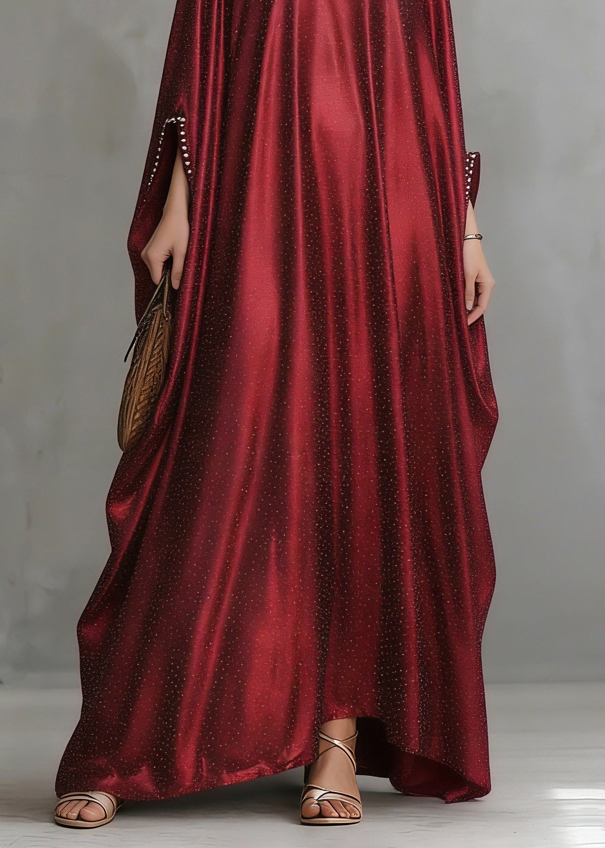 Satin Pearl Trim Cape Sleeve Glitter Kaftan Maxi Gown - View 4