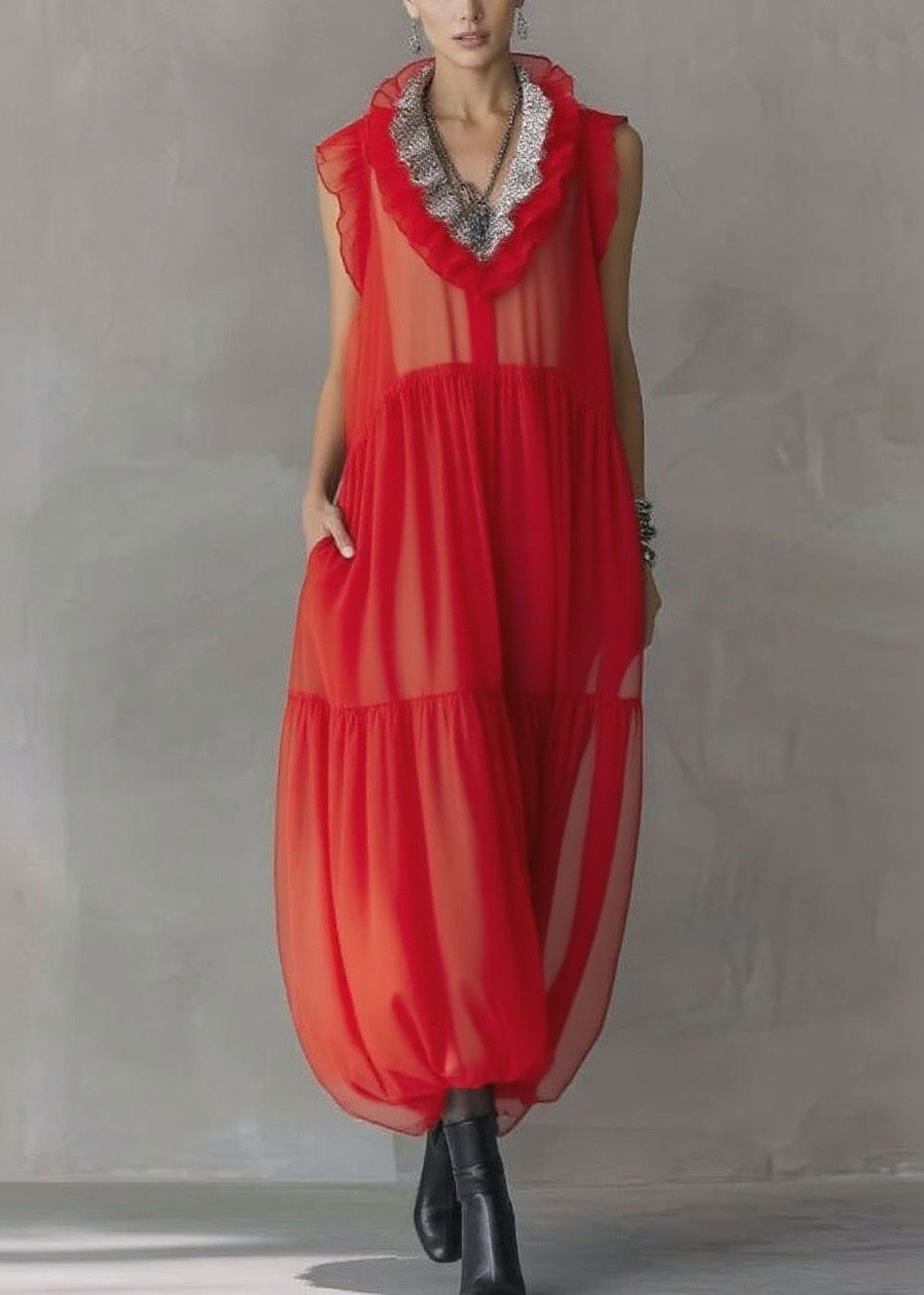 Fashion Red Ruffled Patchwork Chiffon Long Dress Sleeveless - View 3