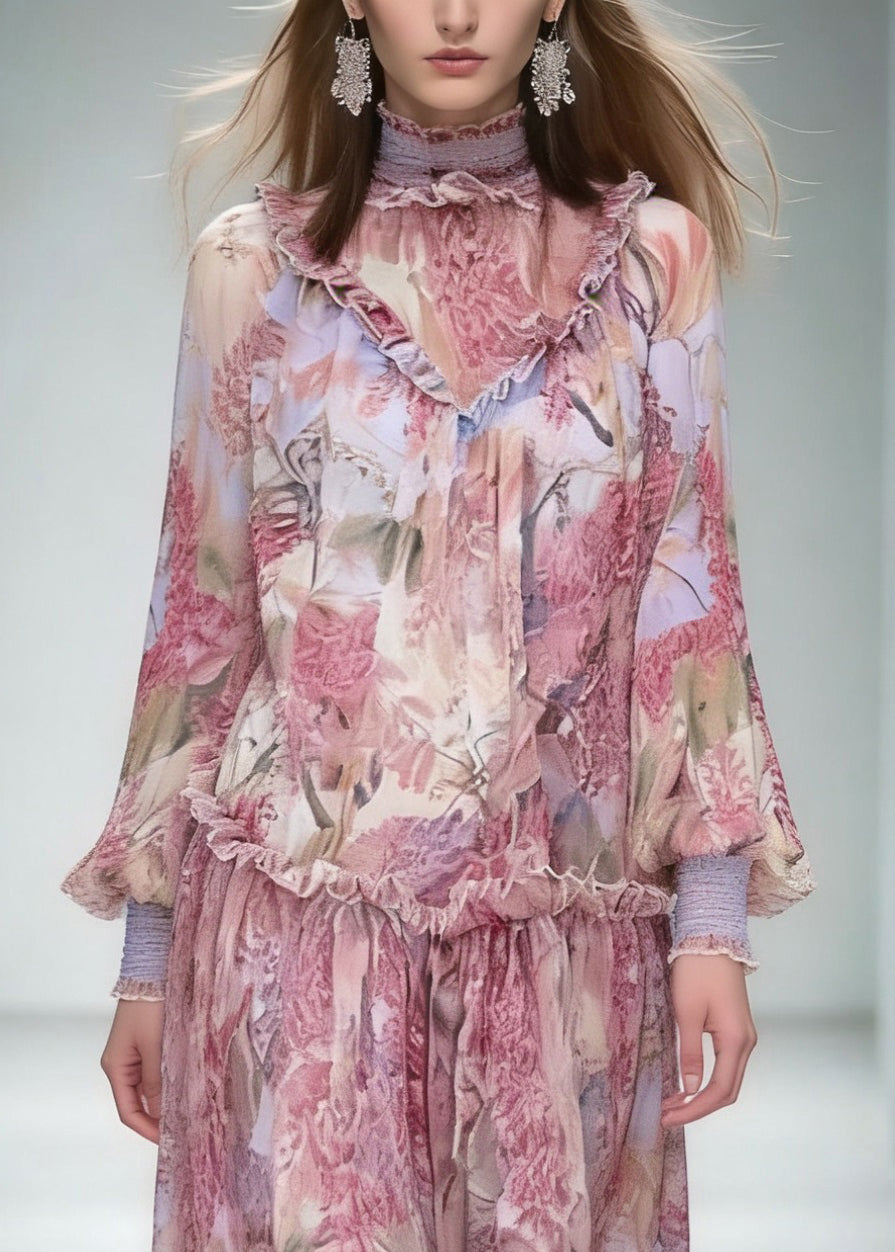 Fashion Red Stand Collar Ruffled Print Chiffon Dress Long Sleeve - View 2