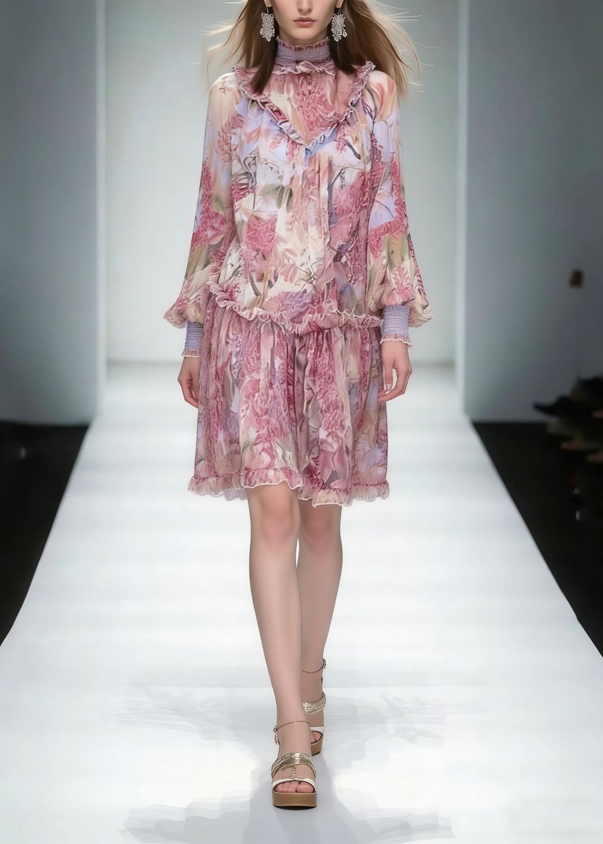Fashion Red Stand Collar Ruffled Print Chiffon Dress Long Sleeve - View 5