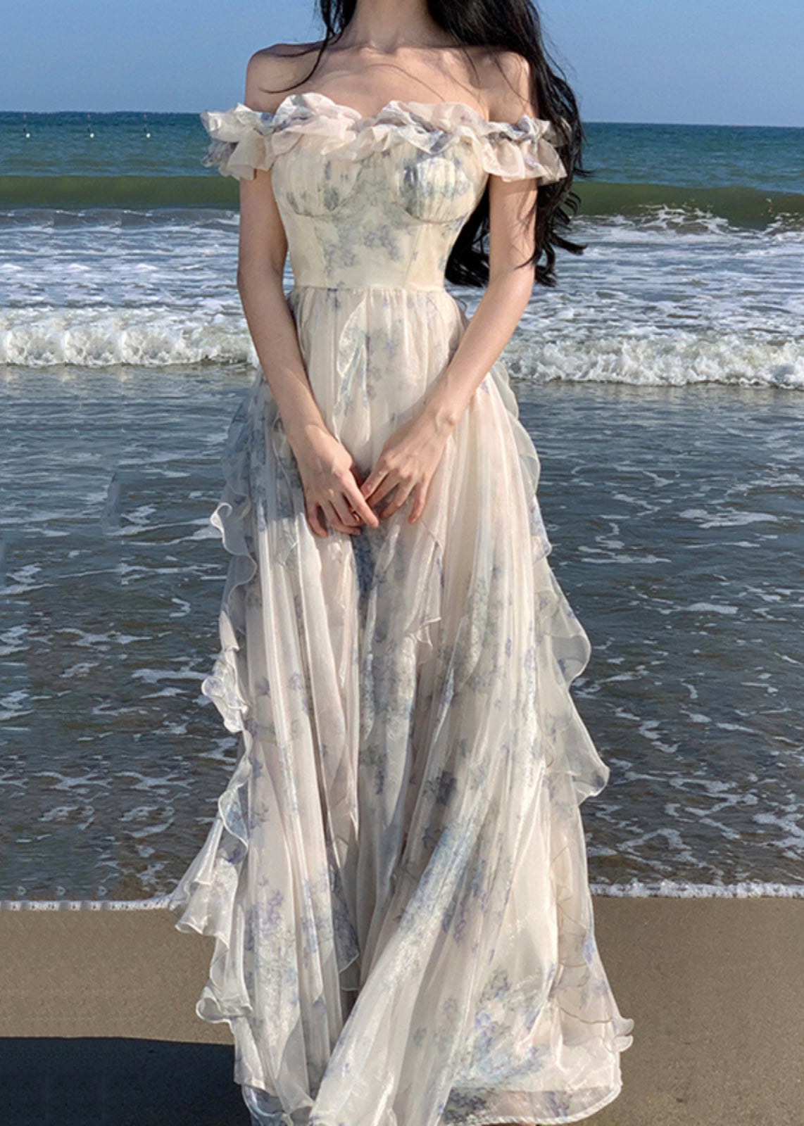 Fashion Ruffled Print Patchwork Chiffon Long Dresses Summer - View 2