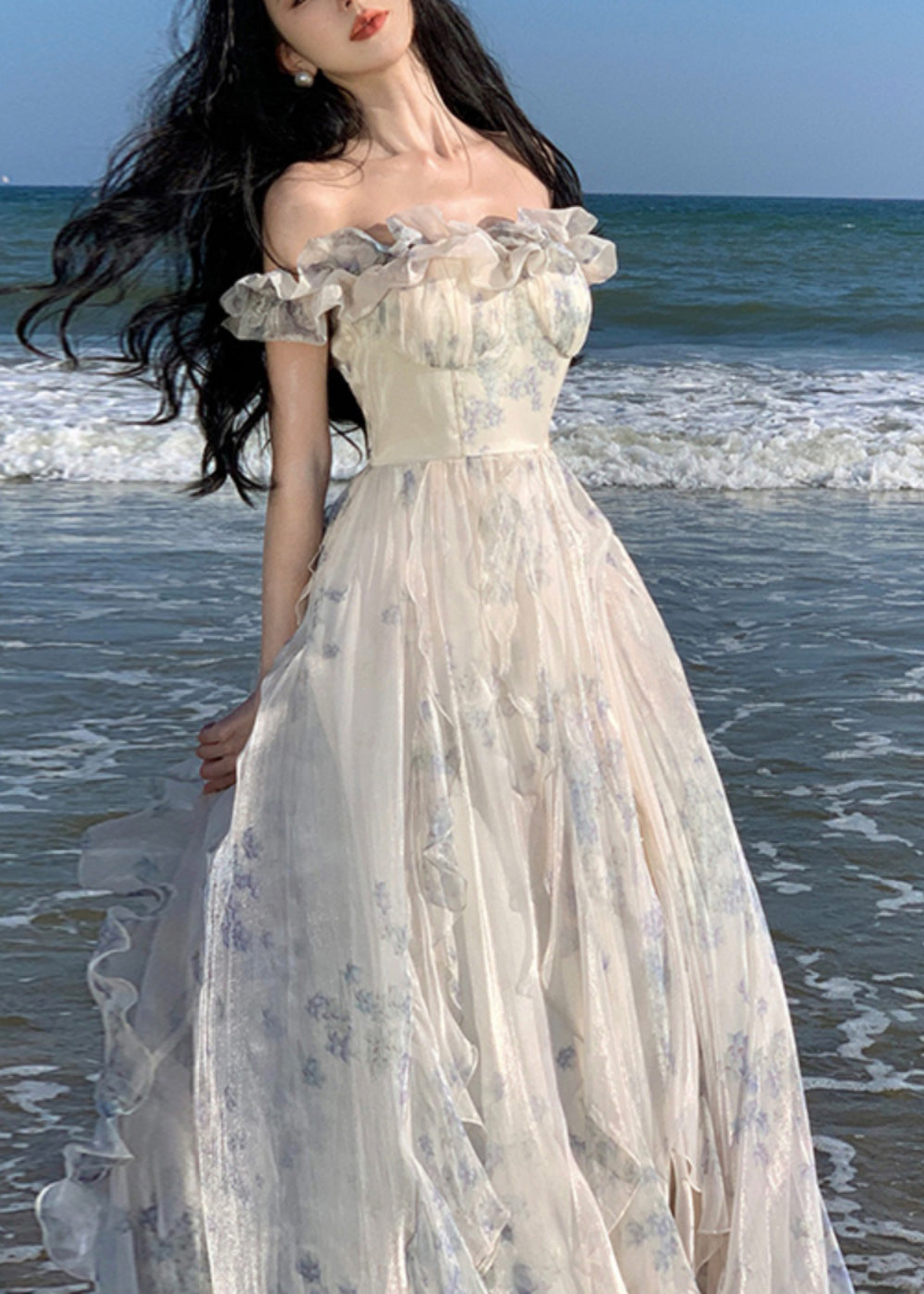 Fashion Ruffled Print Patchwork Chiffon Long Dresses Summer - View 3
