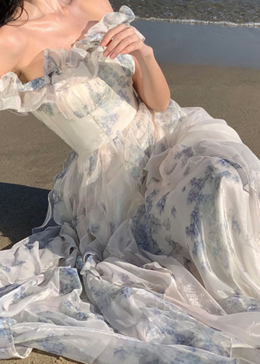 Fashion Ruffled Print Patchwork Chiffon Long Dresses Summer - View 5