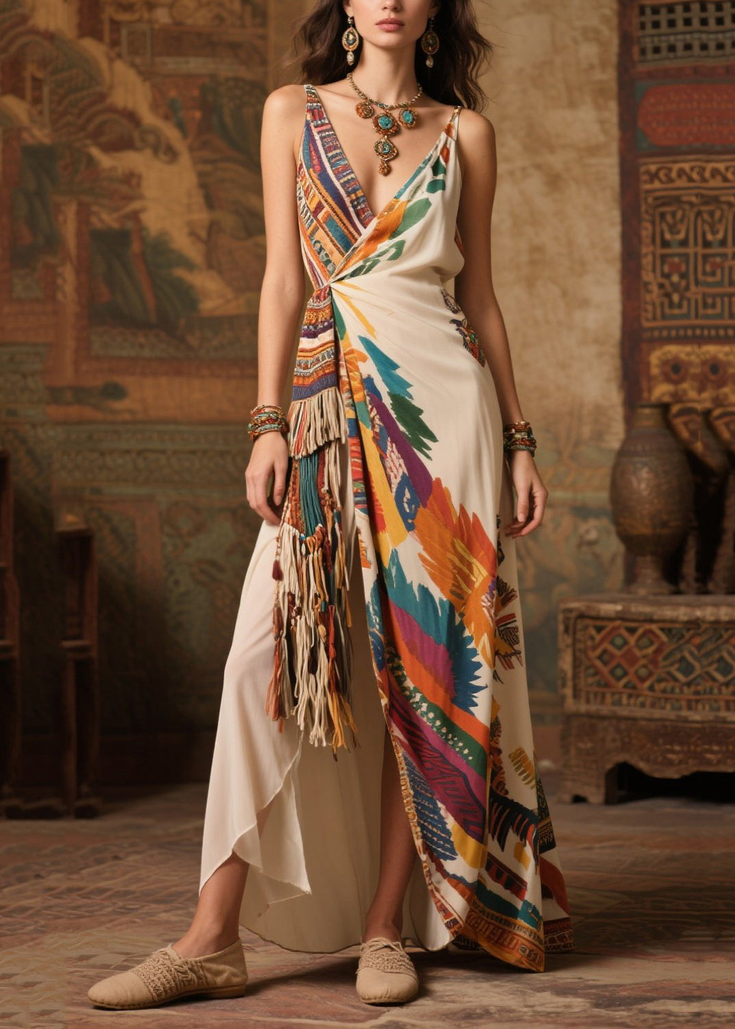 Deep V-Neck Spaghetti Strap Tassel Wrap High Split Satin Maxi Dress - View 3