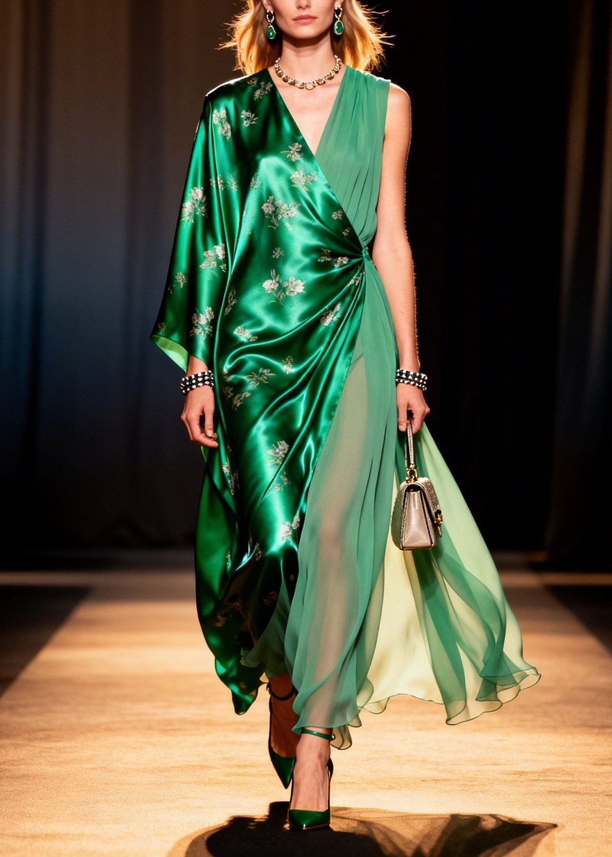 Floral Embroidery Asymmetrical Wrap V-Neck Sleeve Maxi Gown