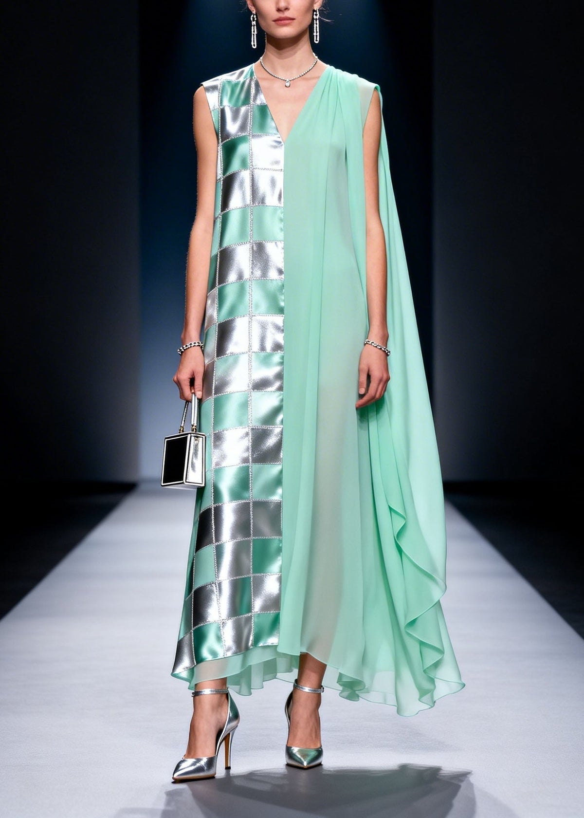 Chiffon Deep V-Neck Checkered Metallic Panel Sheer Cape Maxi Gown - View 5