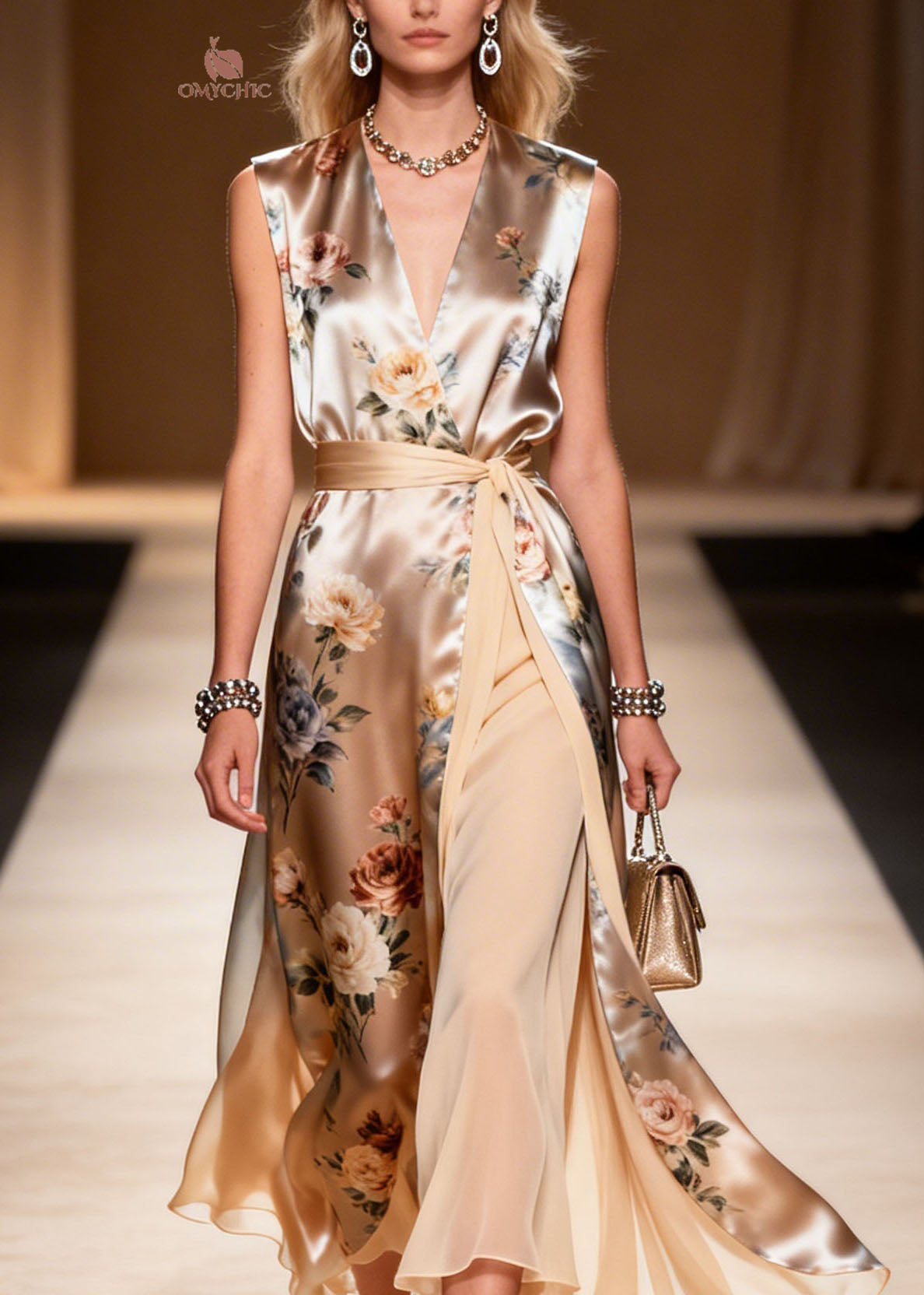 Satin Floral Print Wrap V-Neck Belted High Split Maxi Dress - View 2