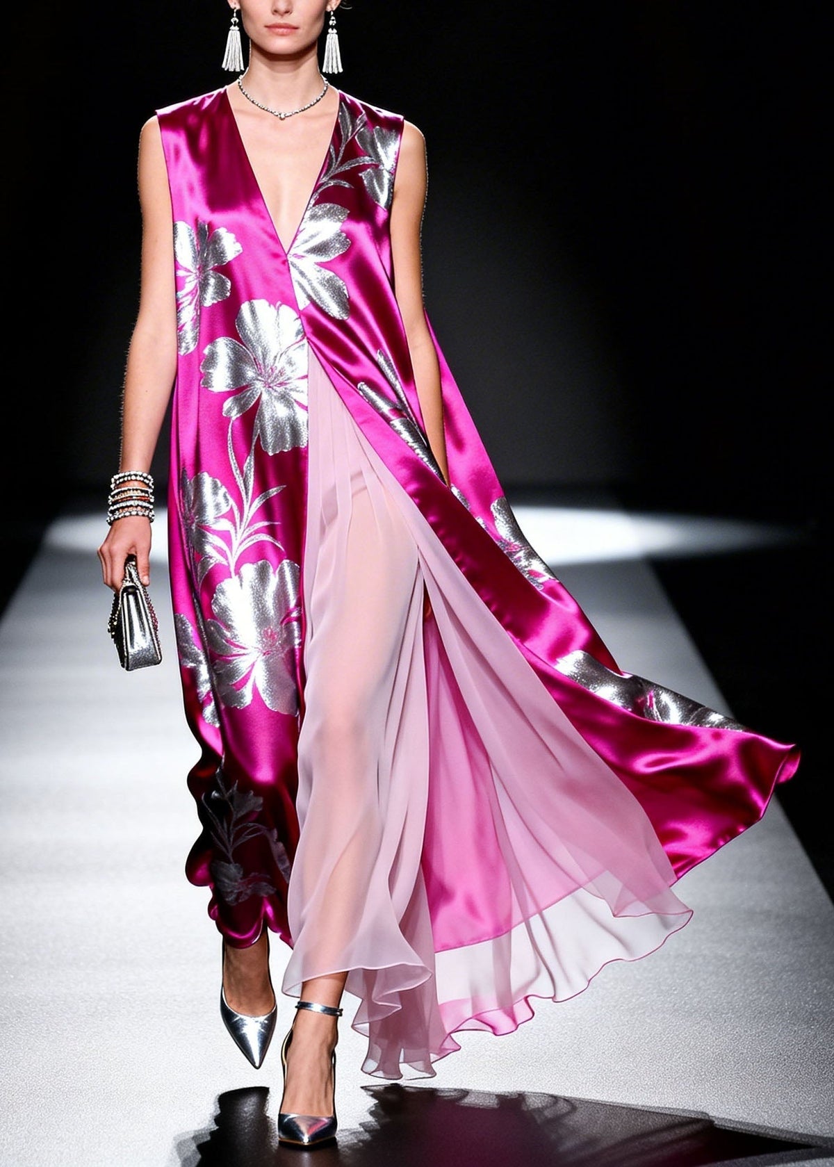 Satin Floral Print Deep V-Neck High Split Pleated Overlay Maxi Gown - View 3