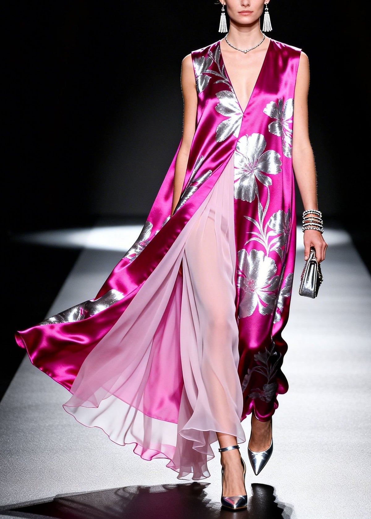 Satin Floral Print Deep V-Neck High Split Pleated Overlay Maxi Gown - View 5