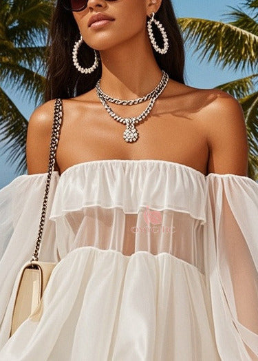 Fashion White Cold Shoulder Patchwork Tulle Tea Strapless Dress Summer - View 2