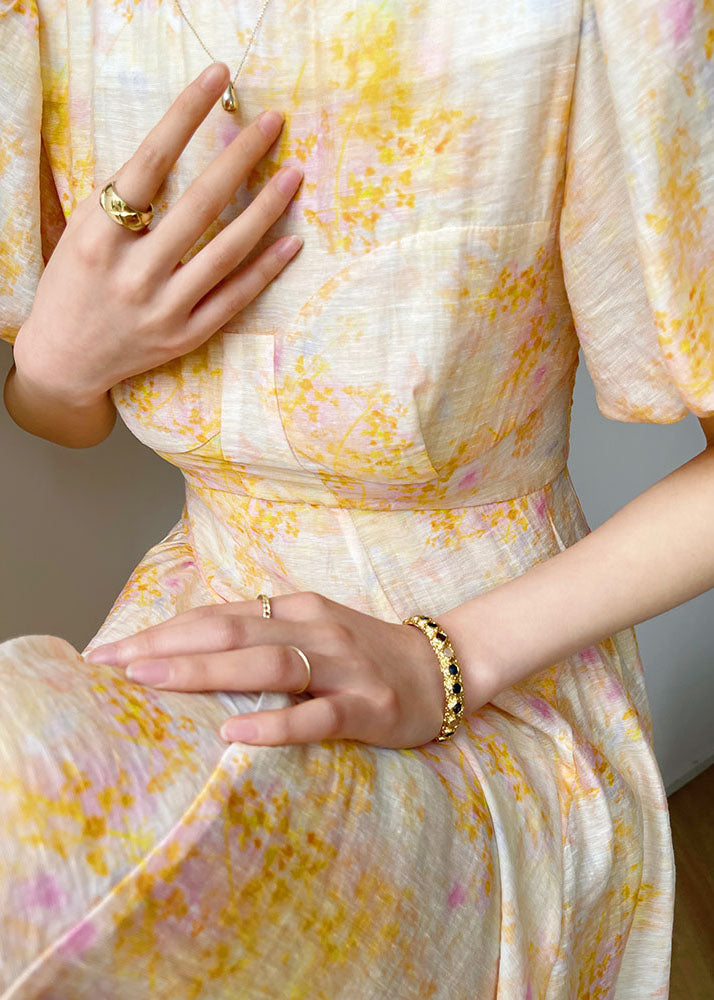 Round Neck Puff Sleeve Floral Fit and Flare Midi Dress - View 4