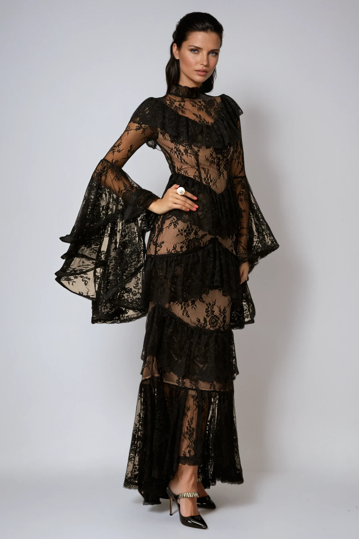 Fausta Bell Sleeve Tiered Lace Maxi Dress - View 3