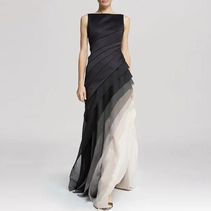 Sleeveless Boat Neck Diagonal Pleated Tiered Ombre Maxi Gown