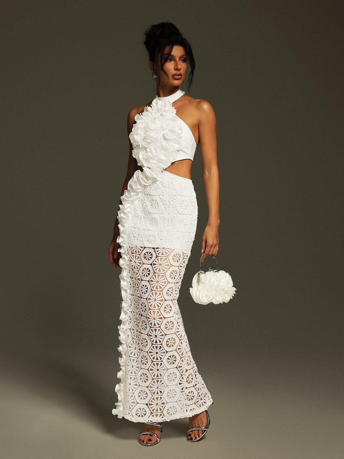 Halter Neck Rosette Bodice Waist Cut Out Lace Eyelet Maxi Dress - View 5