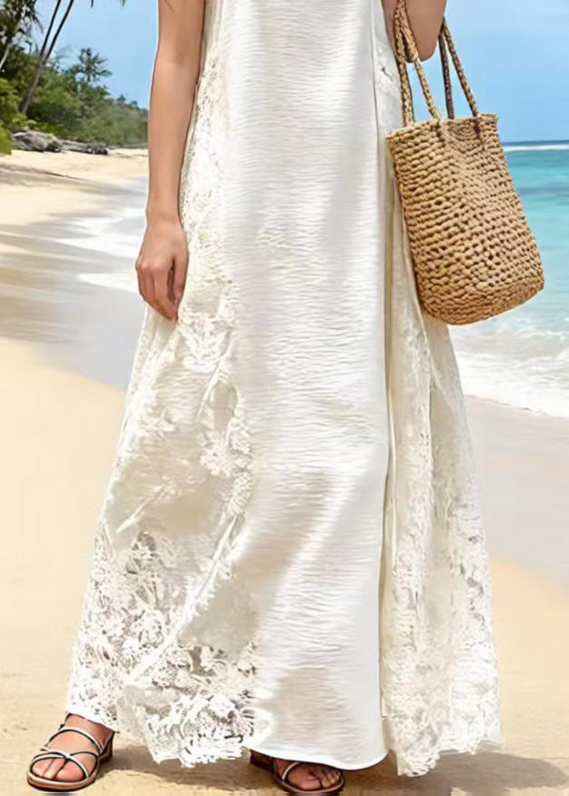 Fine Apricot Lace Patchwork Cotton Spaghetti Strap Dress Summer - View 4