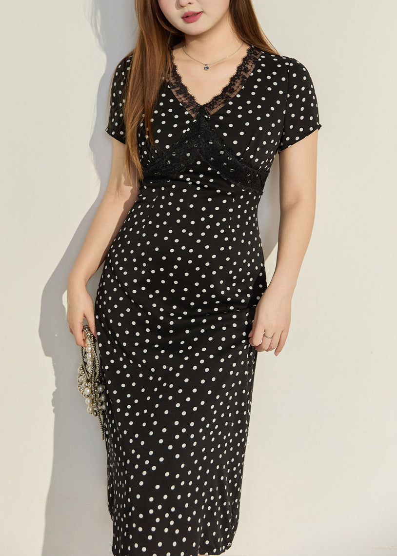 Polka Dot Lace Trim V-Neck Short Sleeve Bodycon Mini Dress - View 2