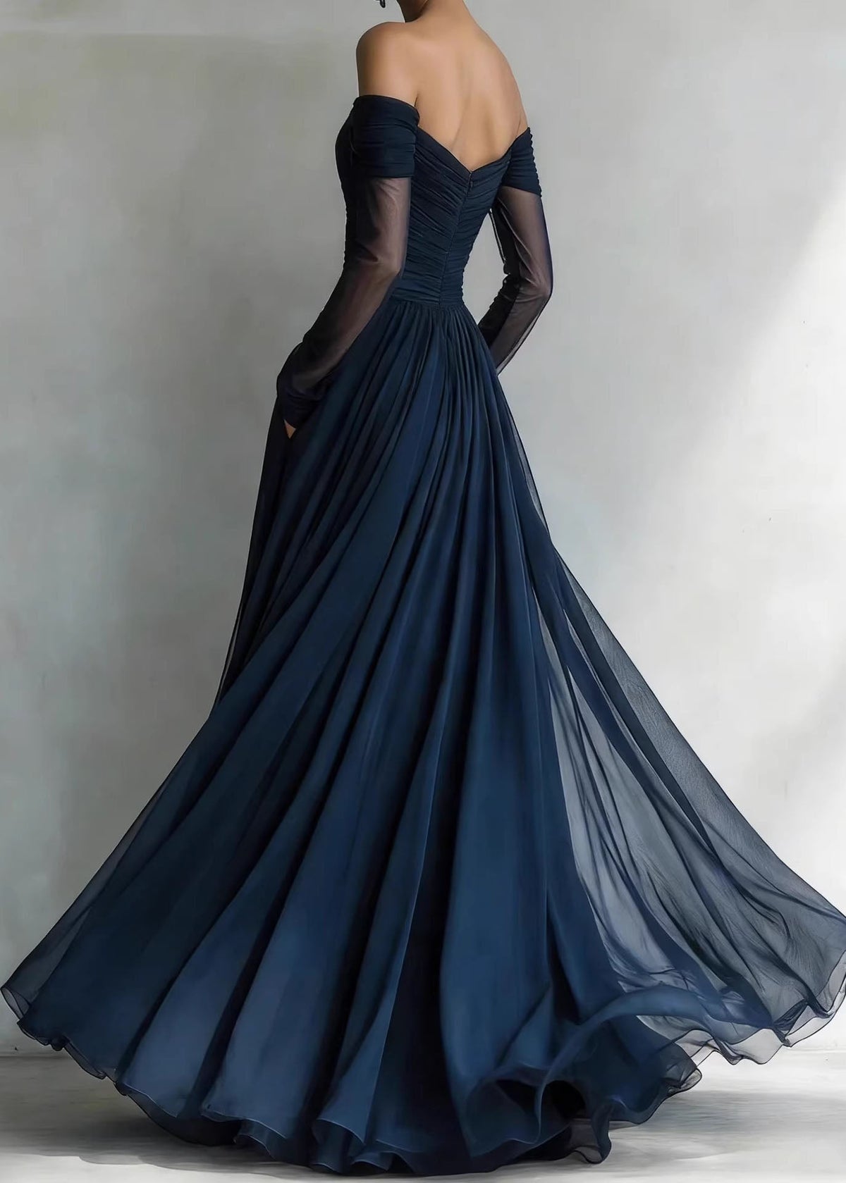 Off Shoulder Ruched Bodice Sheer Long Sleeve Tulle Pocket Maxi Gown - View 2