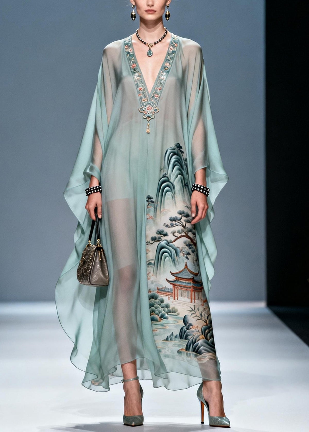 Chiffon Deep V-Neck Embroidered Trim Kaftan Sleeve Maxi Gown - View 3
