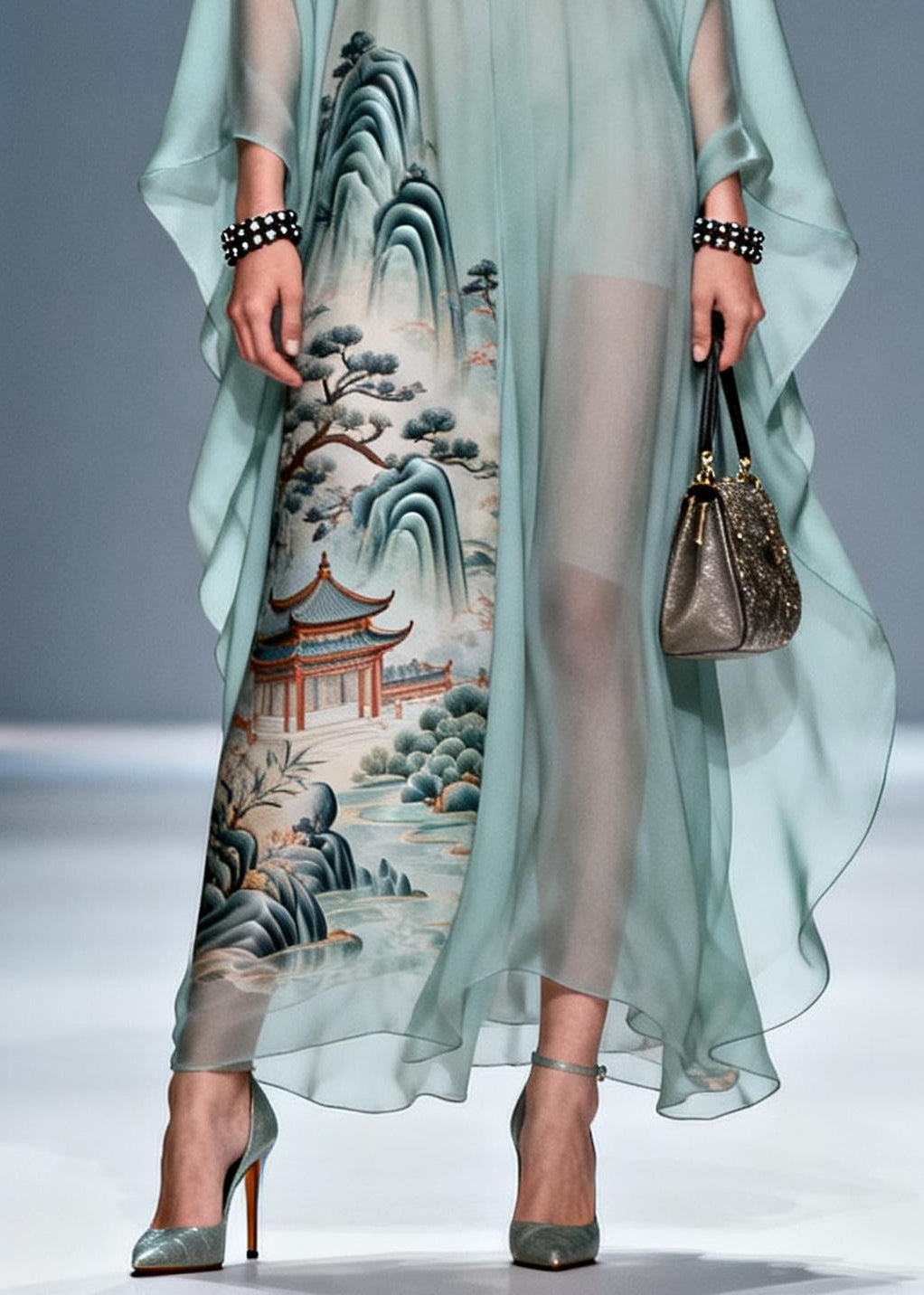 Chiffon Deep V-Neck Embroidered Trim Kaftan Sleeve Maxi Gown - View 4