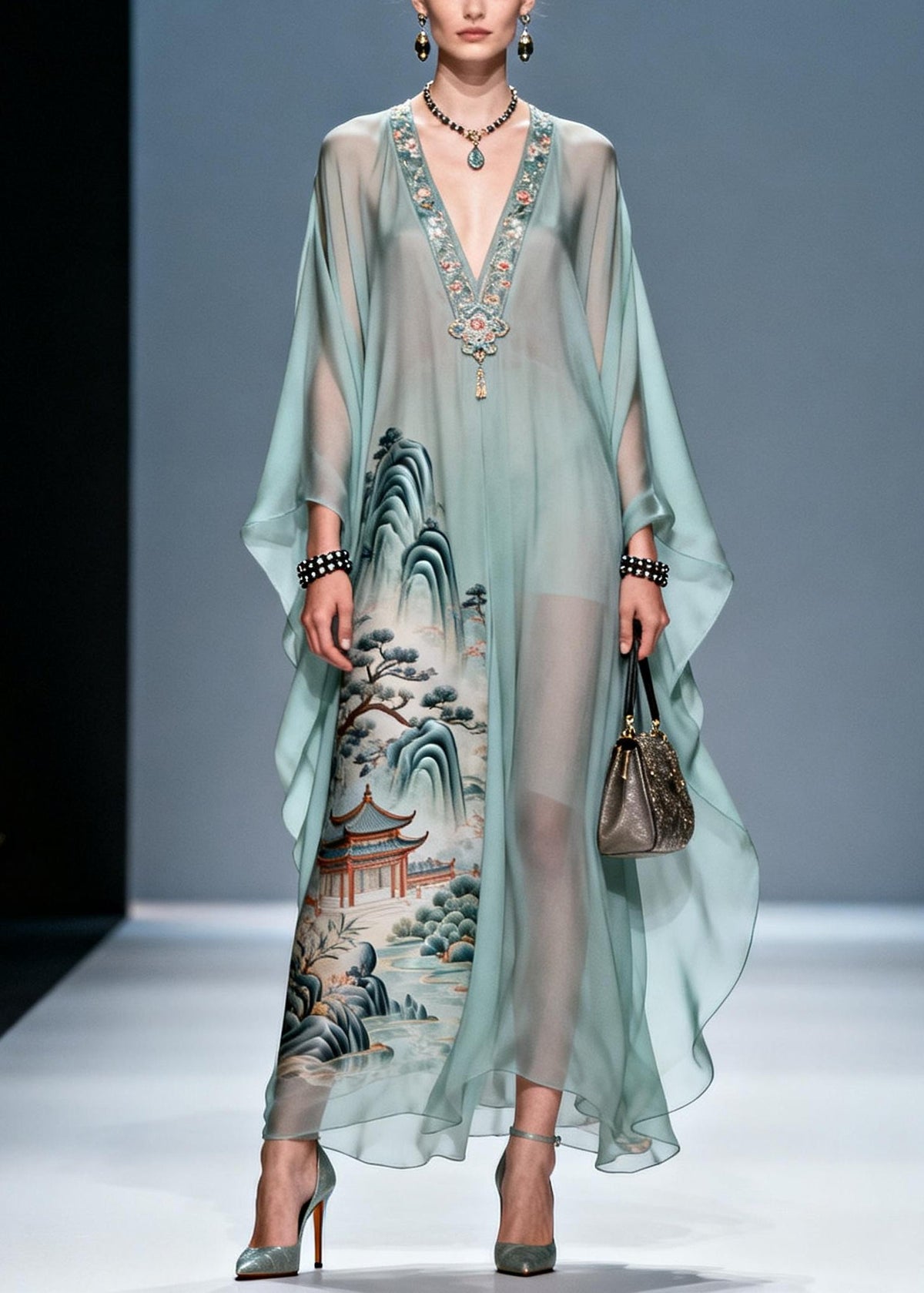 Chiffon Deep V-Neck Embroidered Trim Kaftan Sleeve Maxi Gown - View 5