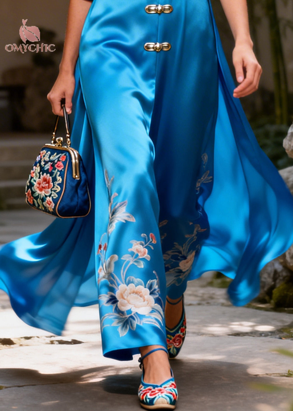 Satin Floral Embroidery Deep V-Neck Frog Closure Puff Sleeve Maxi Gown - View 4
