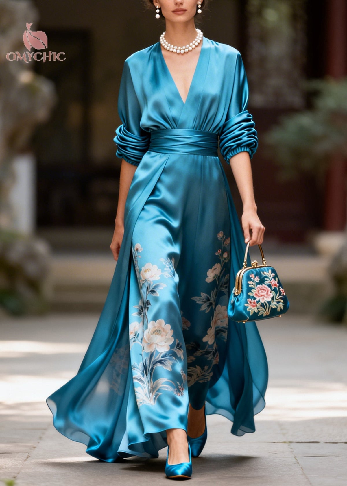Fine Blue V Neck Print Silk Maxi Dress Long Sleeve - View 5
