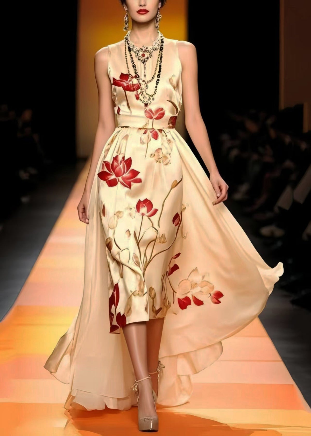 Floral Print Round Neck Sleeveless Satin Attached Maxi Gown - View 3