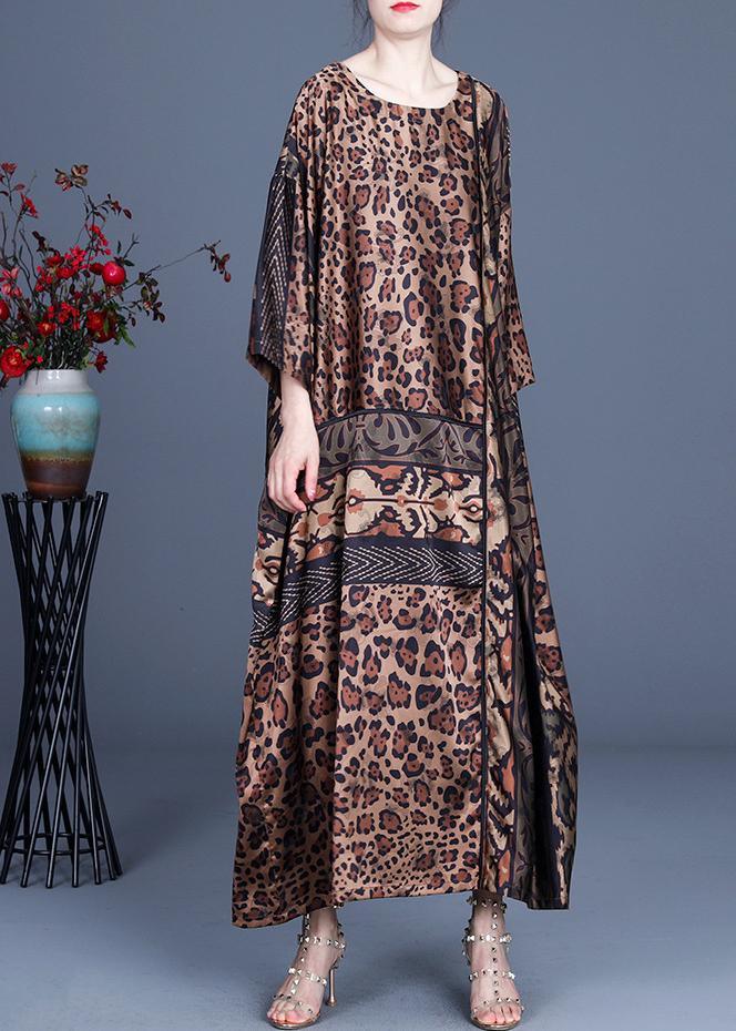 Animal Print Round Neck Drop Shoulder Contrast Band Maxi Dress