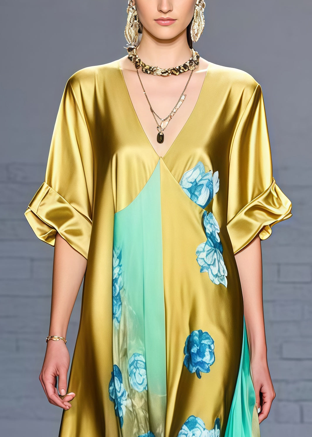 Floral Print Deep V-Neck Short Sleeve Panel Kaftan Maxi Gown - View 2