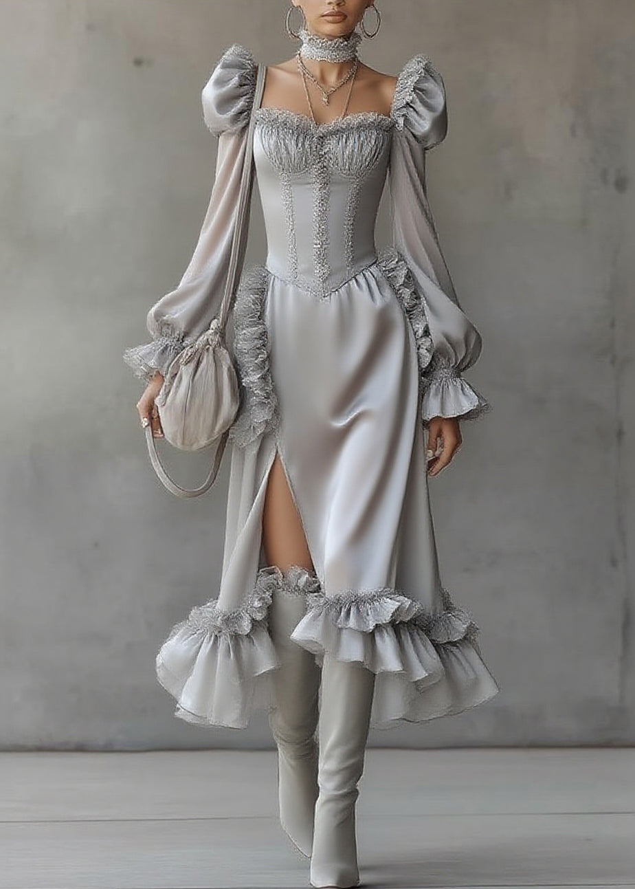 Fine Grey Ruffled Patchwork Chiffon Long Dresses Lantern Sleeve - View 3