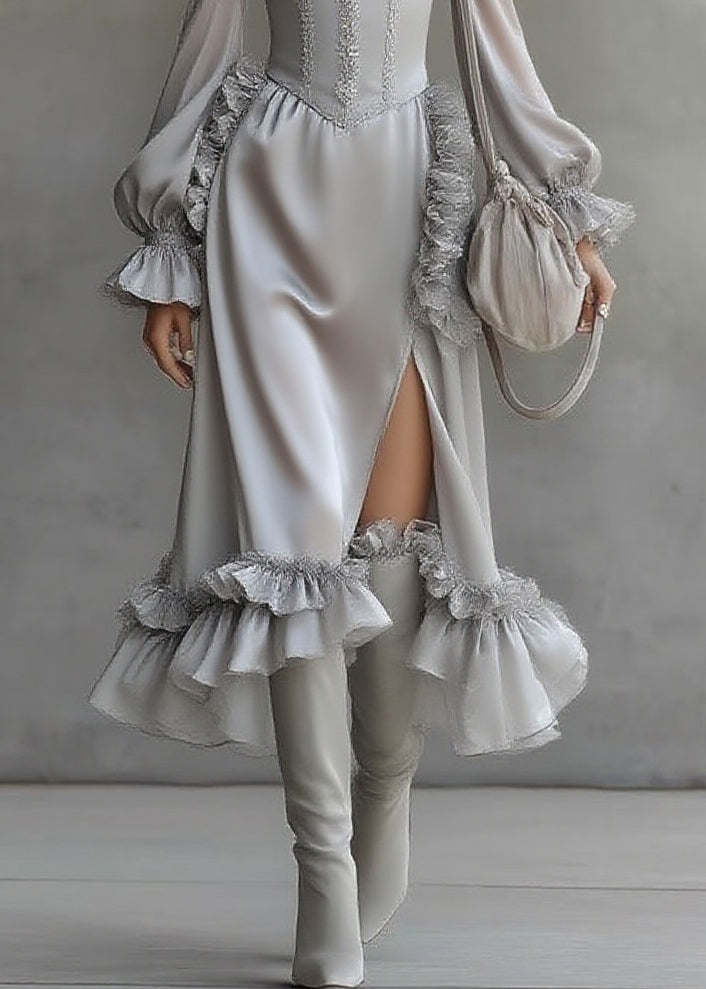 Fine Grey Ruffled Patchwork Chiffon Long Dresses Lantern Sleeve - View 4