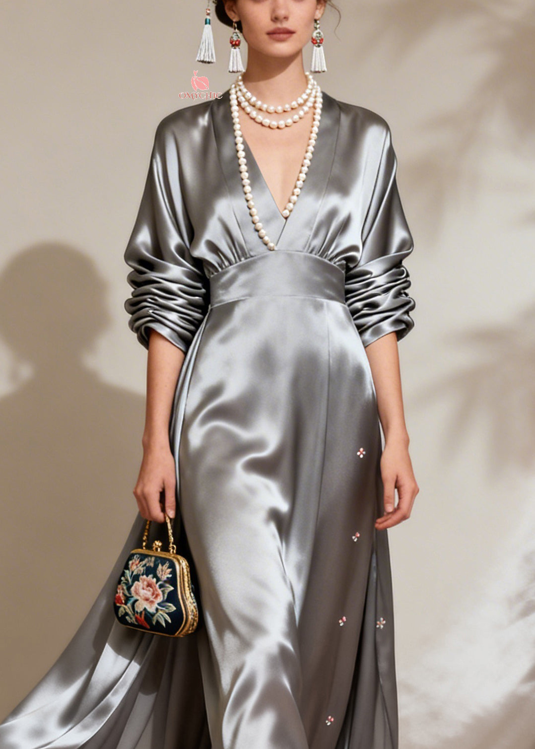Satin Deep V-Neck Long Sleeve Empire Waist Flowy Maxi Gown - View 2