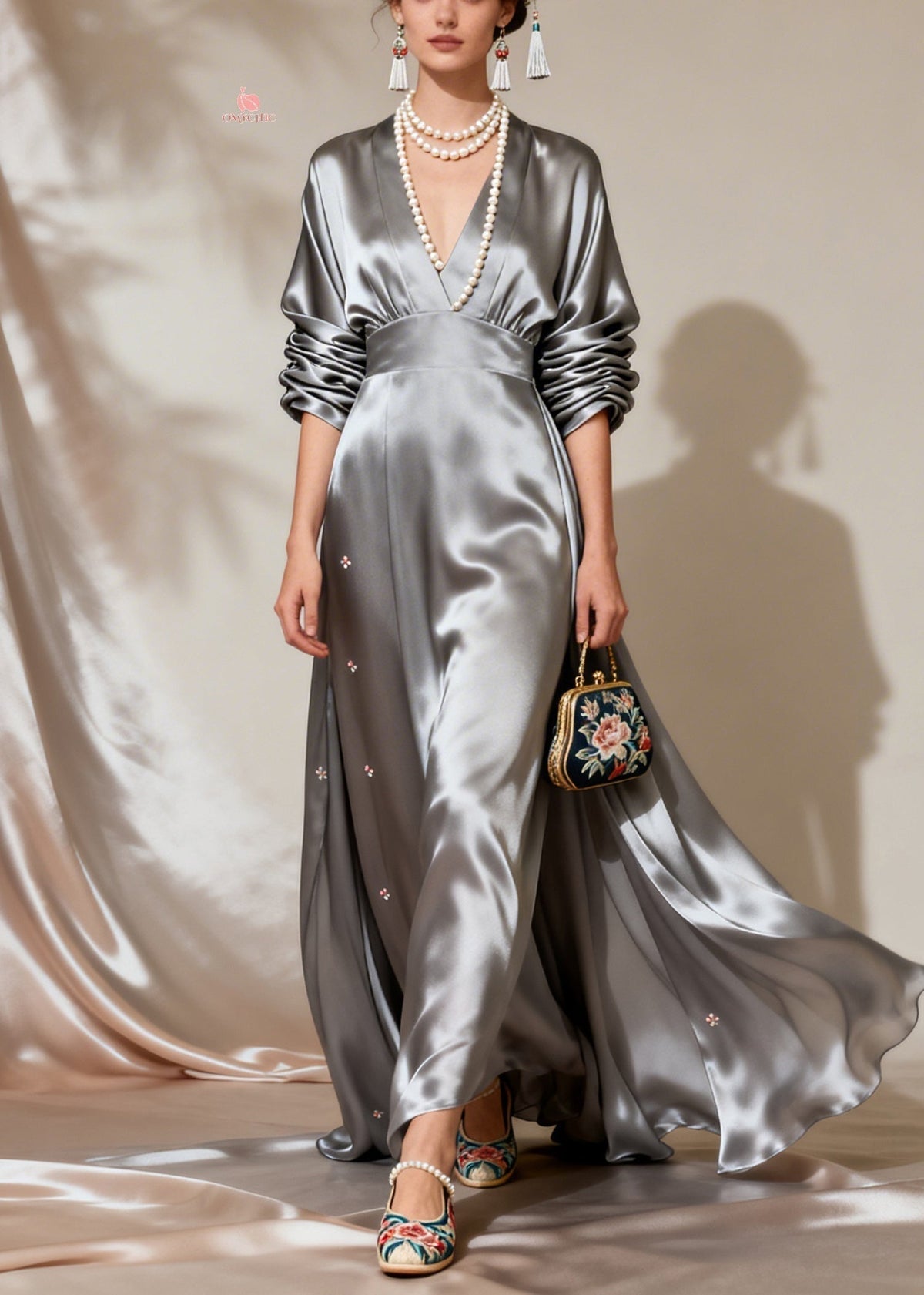 Satin Deep V-Neck Long Sleeve Empire Waist Flowy Maxi Gown - View 3