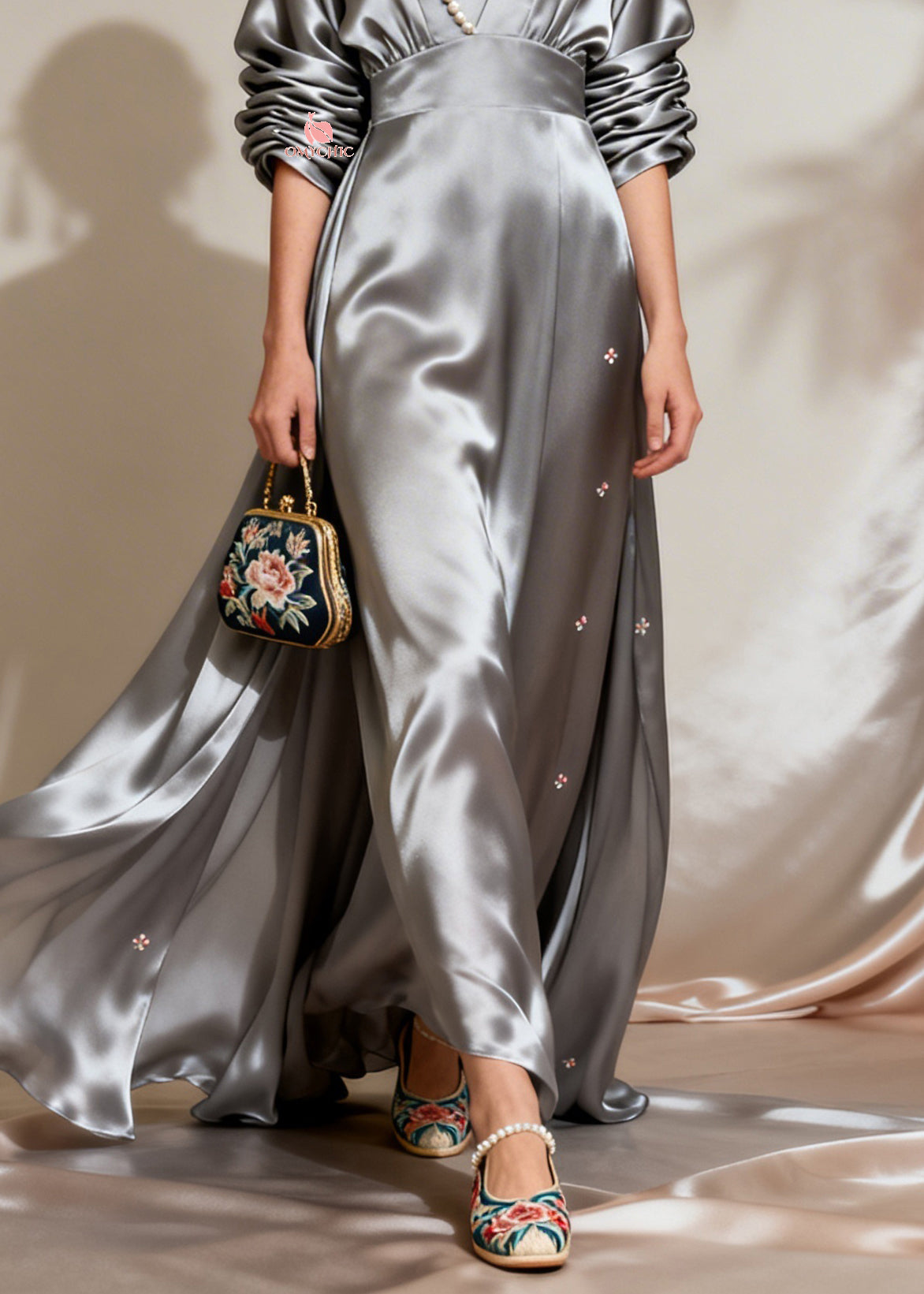 Satin Deep V-Neck Long Sleeve Empire Waist Flowy Maxi Gown - View 4