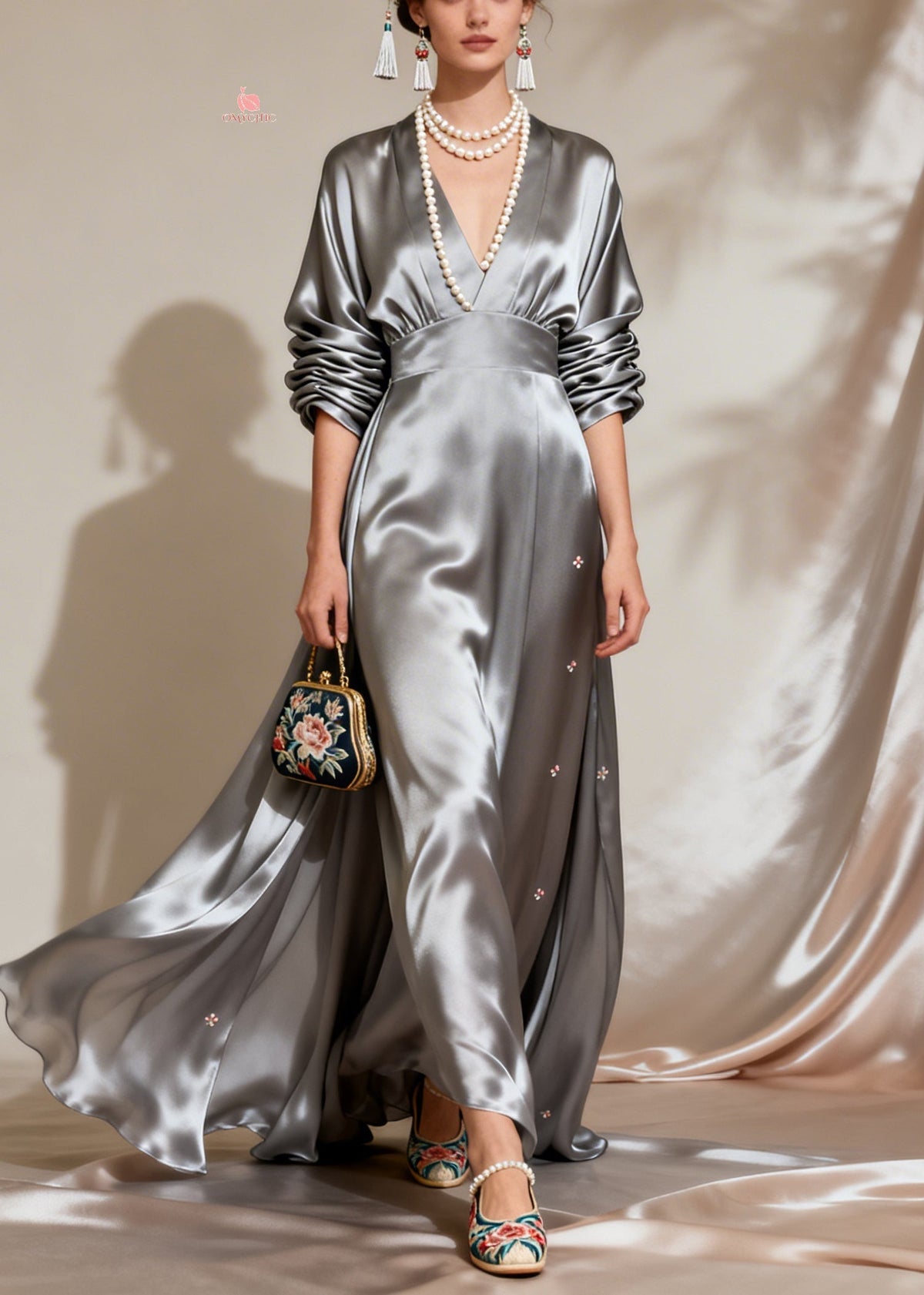 Satin Deep V-Neck Long Sleeve Empire Waist Flowy Maxi Gown - View 5