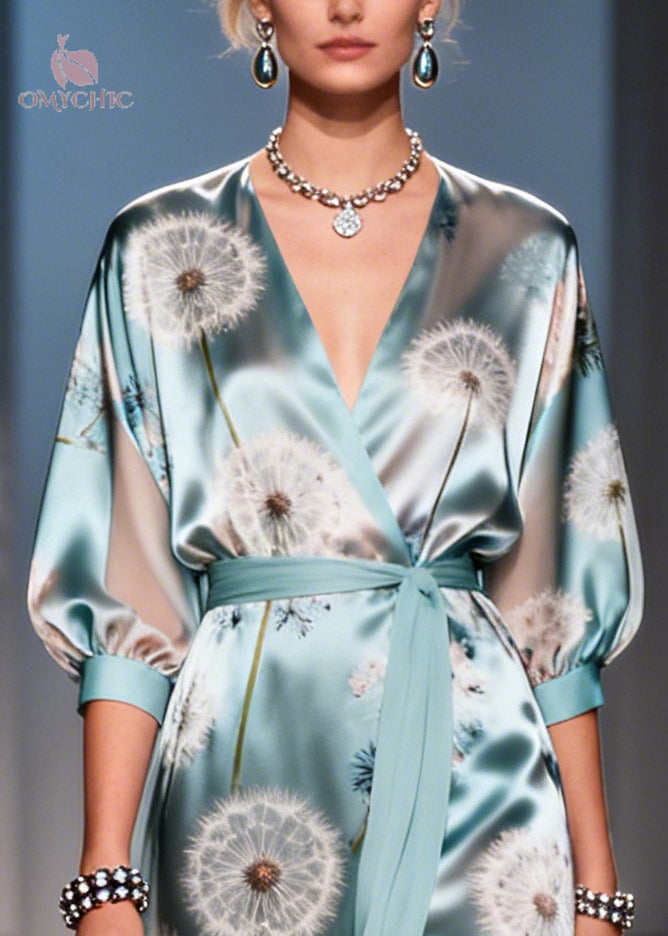 Dandelion Print Satin Wrap Deep V-Neck Three Quarter Maxi Gown - View 2