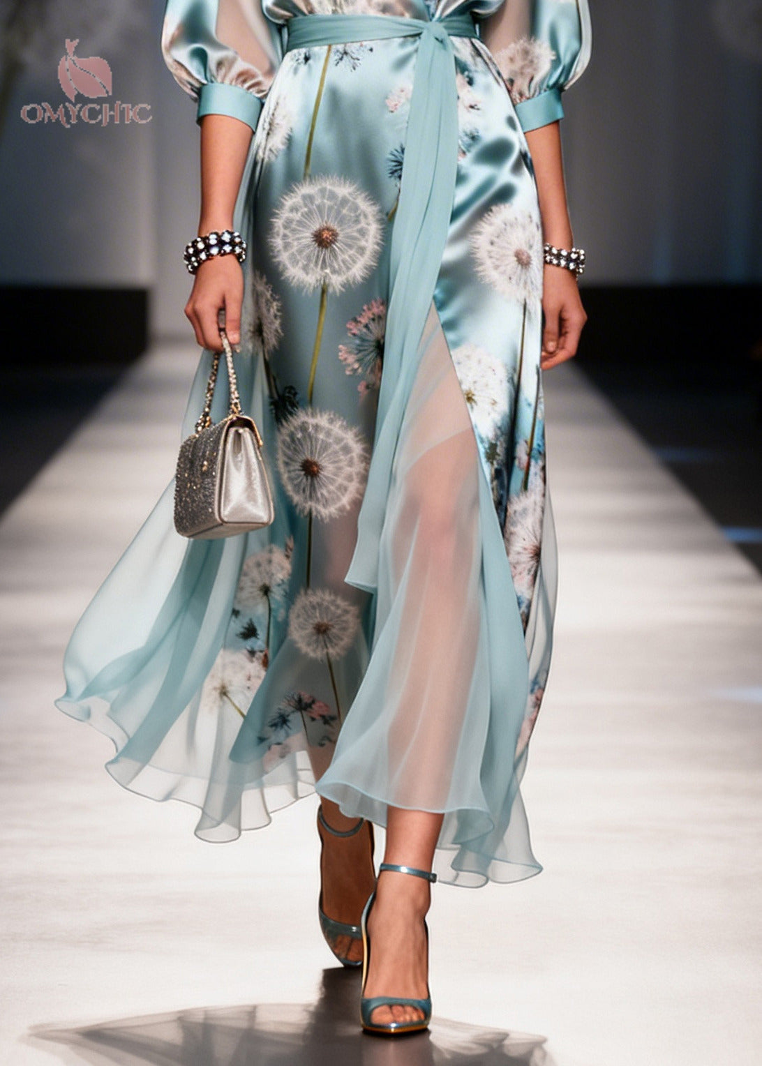 Dandelion Print Satin Wrap Deep V-Neck Three Quarter Maxi Gown - View 4
