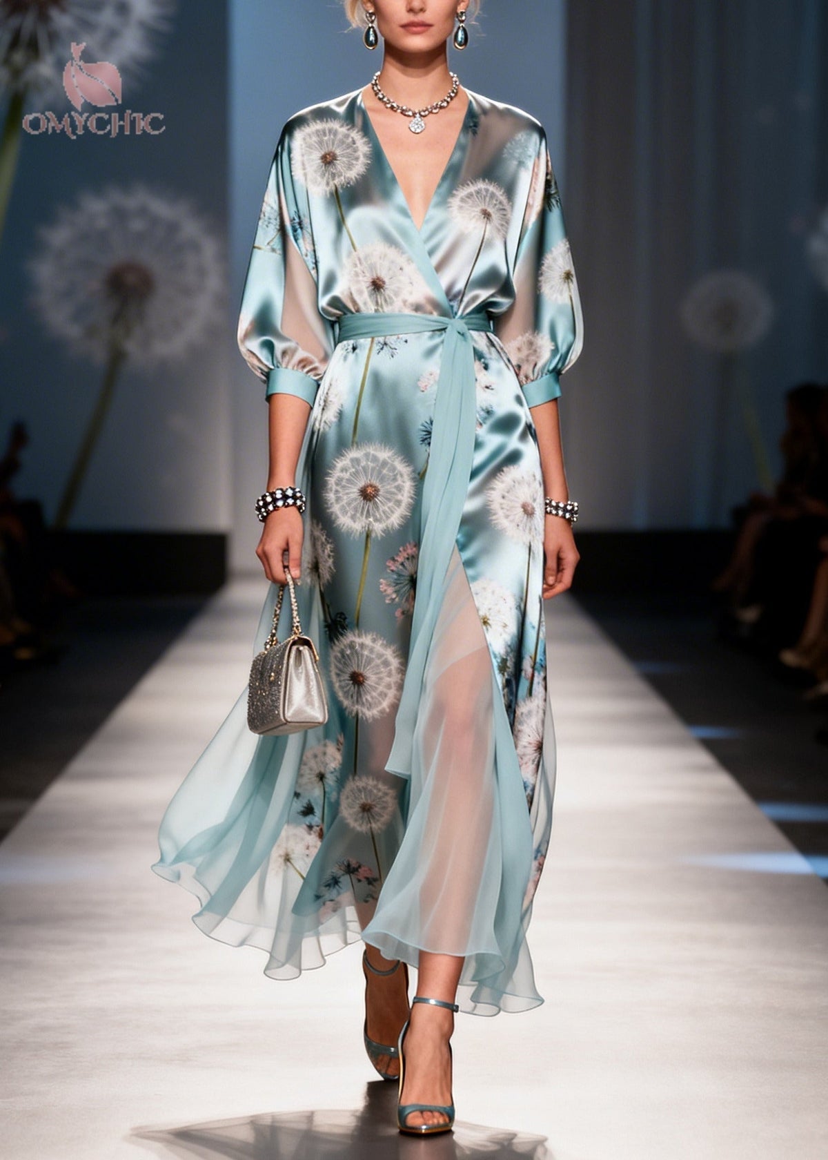 Dandelion Print Satin Wrap Deep V-Neck Three Quarter Maxi Gown - View 5