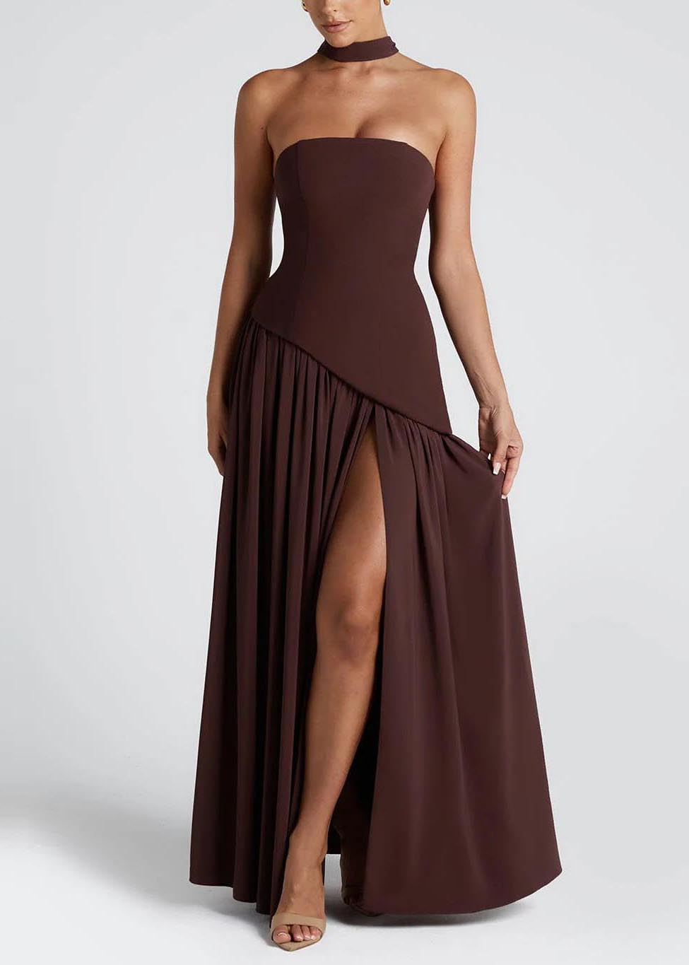 Strapless Asymmetric Drop Waist Pleated Scarf Drape Maxi Gown - View 2