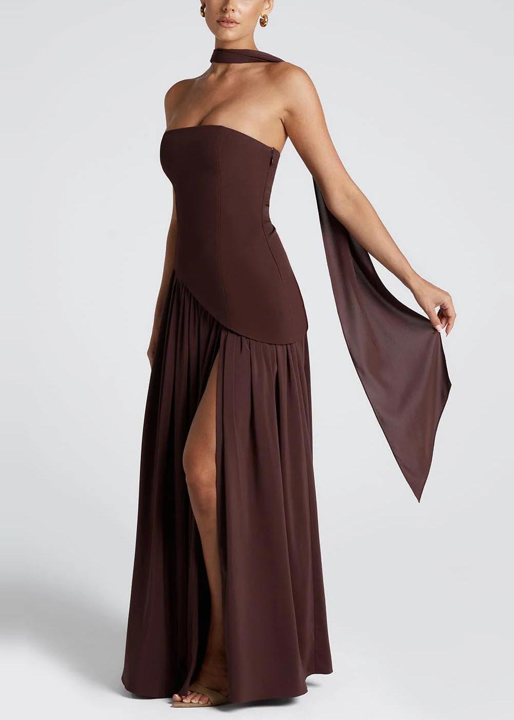 Strapless Asymmetric Drop Waist Pleated Scarf Drape Maxi Gown - View 3