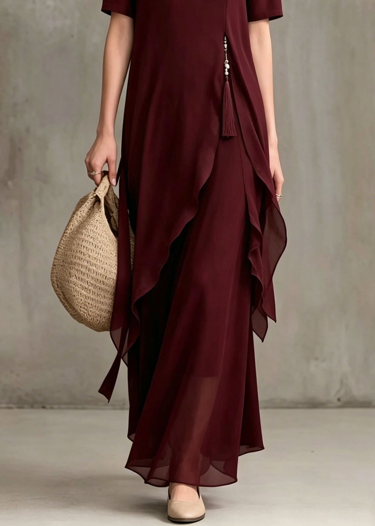 Keyhole Stand Collar Asymmetrical Drape Layer Chiffon Maxi Dress - View 4