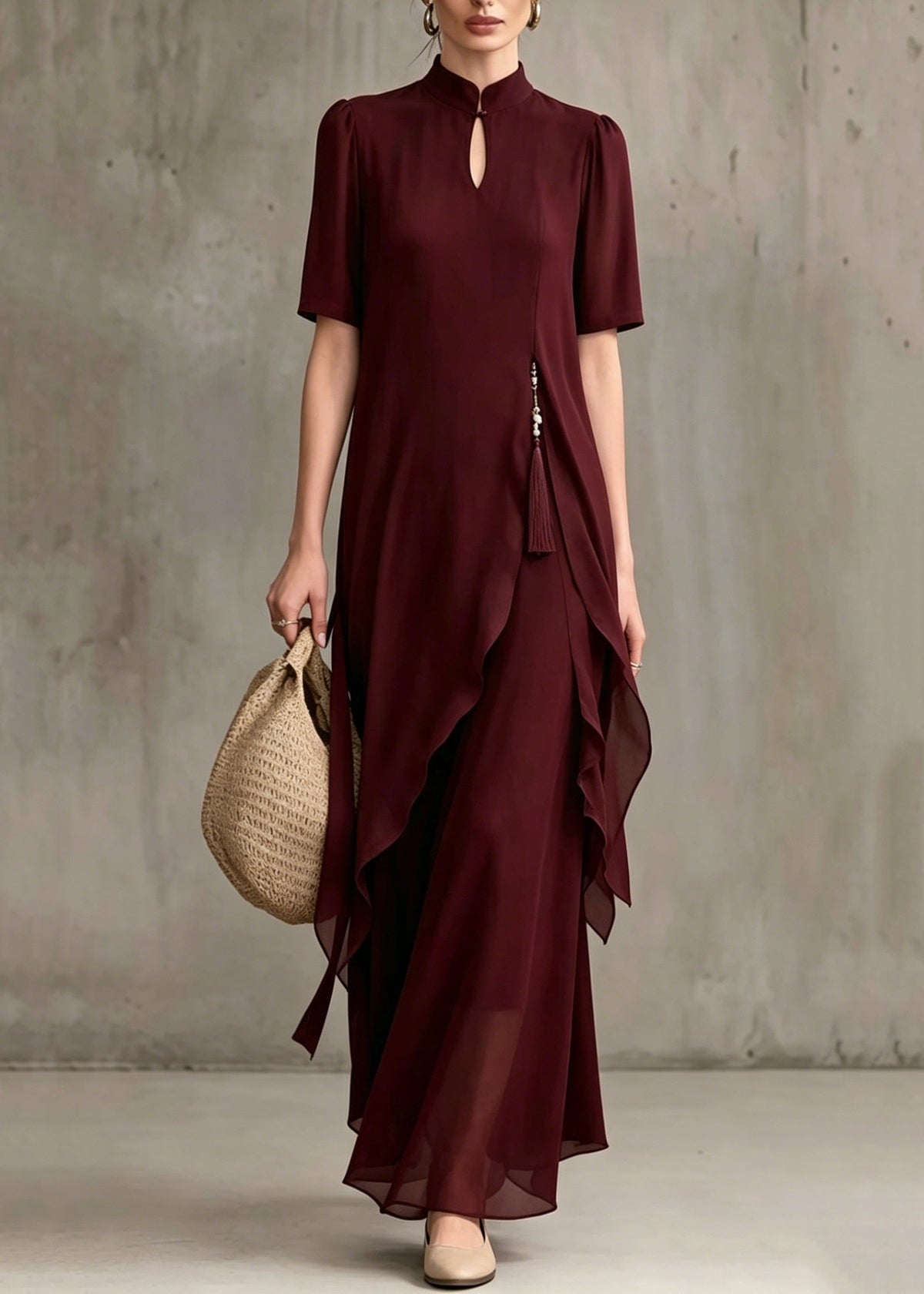 Keyhole Stand Collar Asymmetrical Drape Layer Chiffon Maxi Dress - View 5