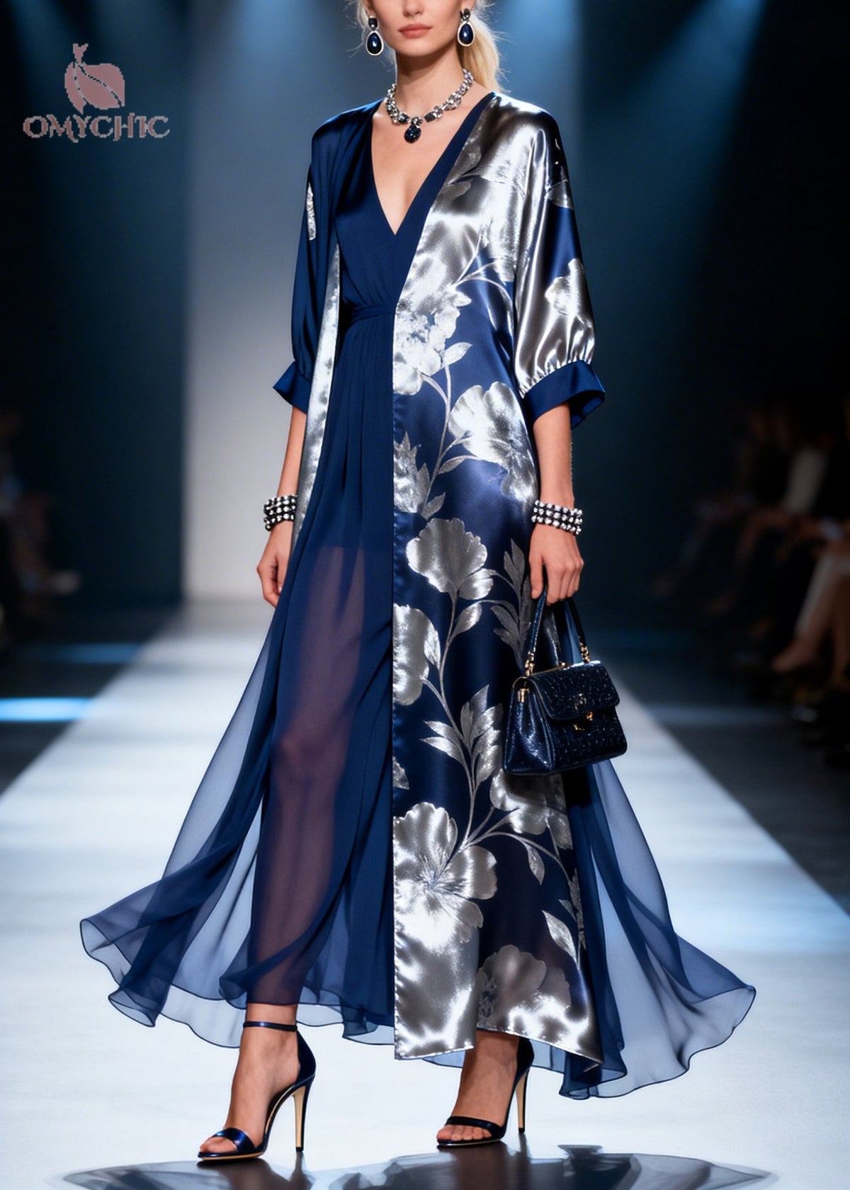 Floral Print Deep V-Neck Sheer Maxi Open Front Long Two Piece Set