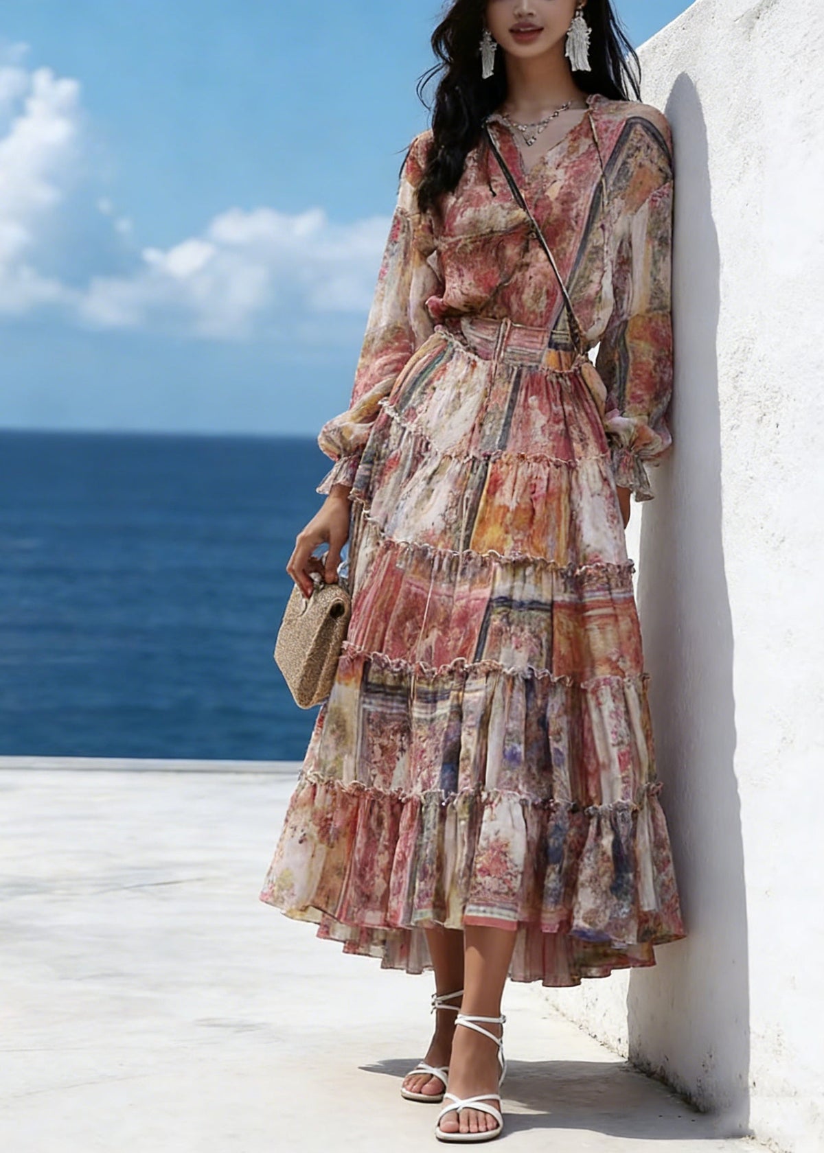V-Neck Long Sleeve Tiered Ruffle Chiffon High Low Maxi Dress