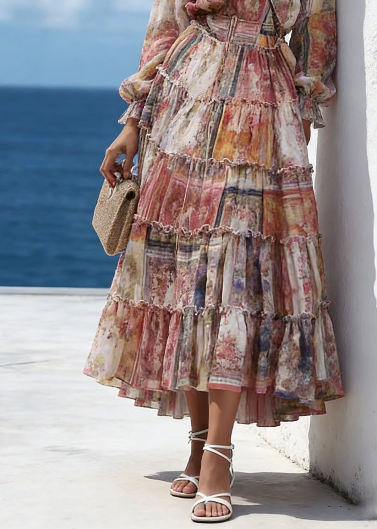 V-Neck Long Sleeve Tiered Ruffle Chiffon High Low Maxi Dress - View 4