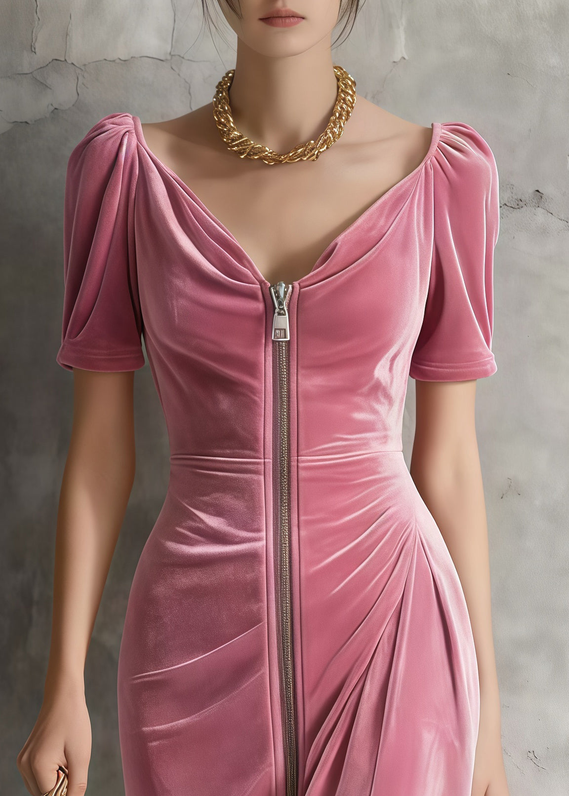 Fine Pink Puff Sleeve Zippered Silk Velvet Tea Dresses - View 2