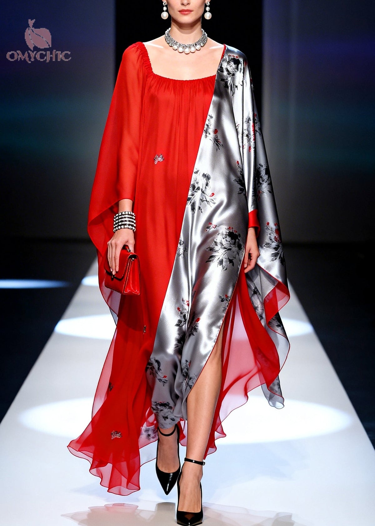 Chiffon Floral Panel Square Neck Cape Sleeve High Split Maxi Gown - View 5