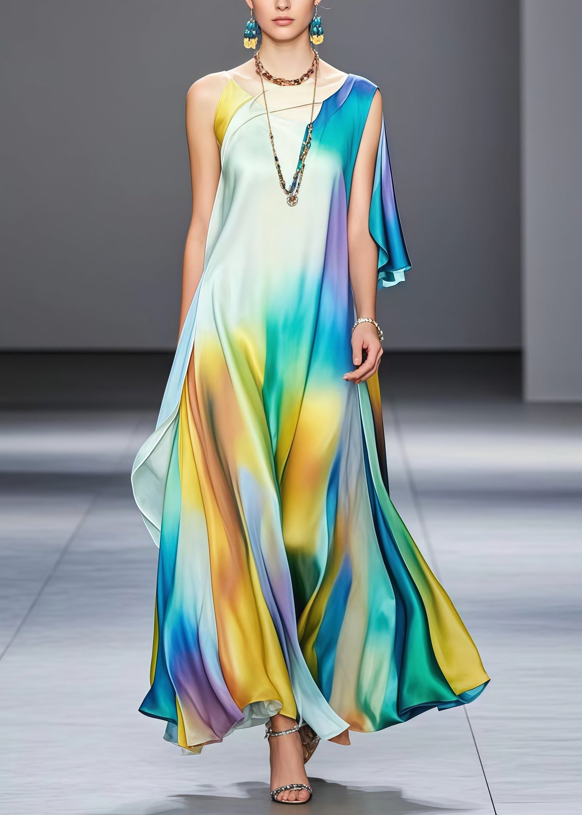 Tie Dye Round Neck Flutter Sleeve High Split Silk Maxi Dress
